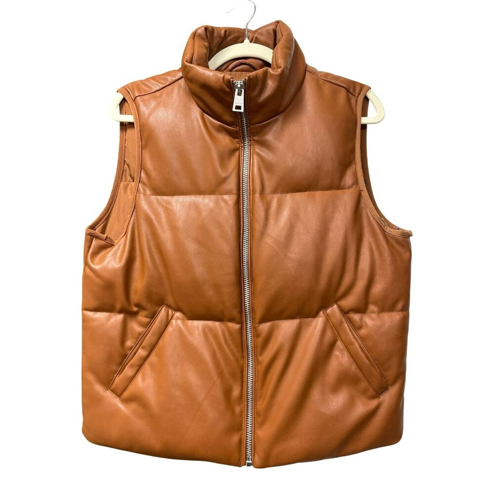 Levi Strauss & Co Leather Puffer Faux Leather Vest Caramel Jacket Medium NEW - Picture 2 of 4